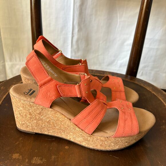 NEW CLARKS Annadel Orchid Wedge Cork Platform Sandals Womens Size 11 Coral - Picture 1 of 6